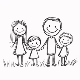 a black and white drawing of an adult family holding hands