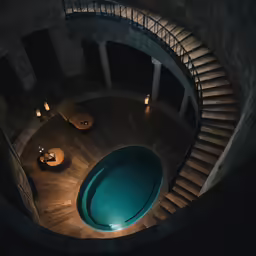 a circular staircase has an artificial swimming pool in it
