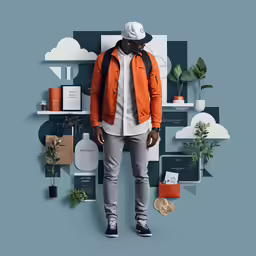 a man stands in front of many objects
