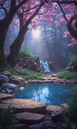 a waterfall surrounded by red leaves is in the forest with rocks