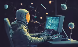 an image of a man in a white helmet with a laptop computer and headphones