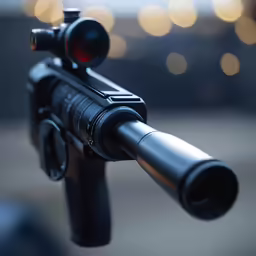 a close up shot of a rifle with lights in the background