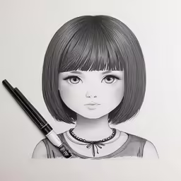 a pencil drawing of a girl with dark hair