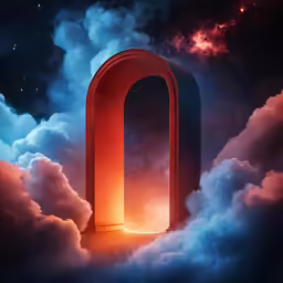 a door to heaven with the lights on at night