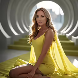 a woman in a yellow dress sitting on stairs