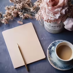 a notepad with a pen, coffee cup and dried flowers