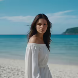 a young woman is standing on a beach
