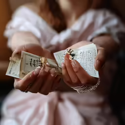 a woman in pink dress holding two small cards