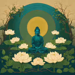 buddha statue in front of water lilies with green circles around it,a drawing of a person sitting on some water lilies