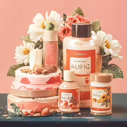 two jars and containers sit next to flowers and rocks