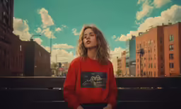 the woman in a red sweater stands alone on the bench