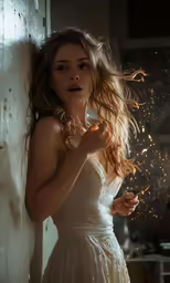 a woman in white dress blowing sparkle in the air