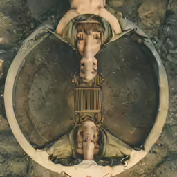 a reflection of two people in the water