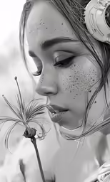 a girl with freckles and headbands holding a flower