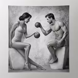 a man and woman with a ball in front of a cement wall