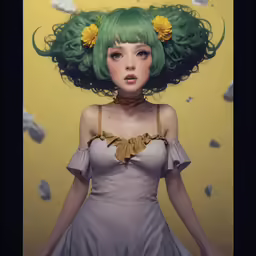 a drawing of an anime woman with bright green hair