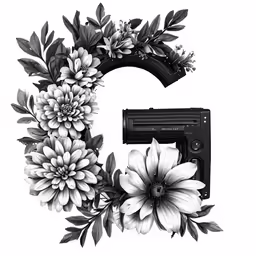a floral letter g that is black and white