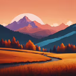 a digital painting of mountains, grass and a trail,a mountain landscape with a creek in the middle and trees in the background