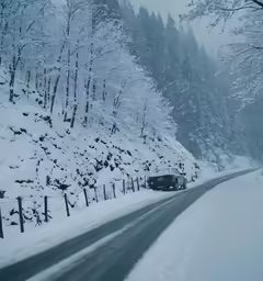 a truck is traveling down the snowy road