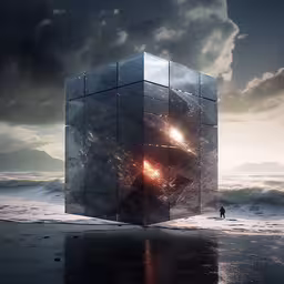 an image of some sort of sculpture sitting on the beach,an artistic photograph of a building and the sky