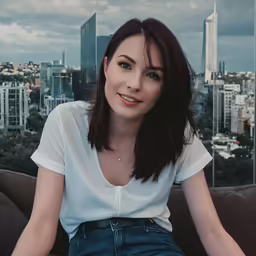 a woman with long dark hair in the city