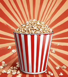 a big red and white bucket full of popcorn,a large striped bucket of popcorn in front of a red background