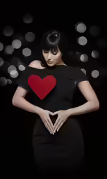 a beautiful woman with dark hair is holding a red heart