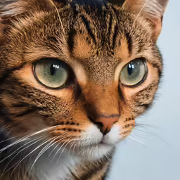 a cat with big green eyes looks into the camera