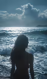 a girl in bikini in the ocean looking at the waves