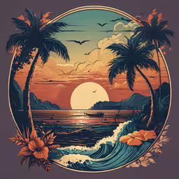 a sunset in the background with palm trees and waves,sunset scene with tropical trees and waves