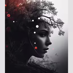 a woman with red and white dots floating out of her hair