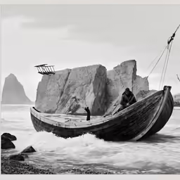 an old picture of a man riding in a boat