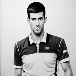 black and white photo of a man wearing a polo shirt