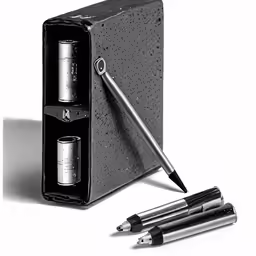 three different pens, one of which has a paper clip and the other contains an empty pouch