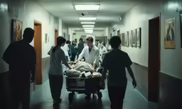people in the hallway of an apartment where there are several medical personnel pushing a stretcher down the hall