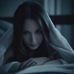 a woman under a blanket with dark hair and blue eyes