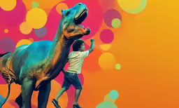 two boys trying to climb a toy dinosaur