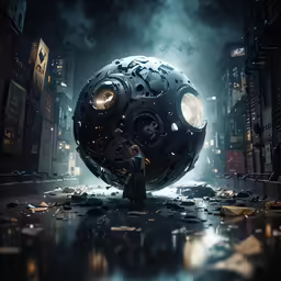 a man standing under a giant ball in the middle of a dark city