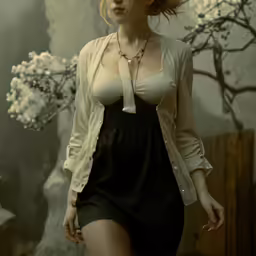 the woman is wearing an old hat and dress