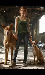 a woman standing next to two dogs in an old warehouse
