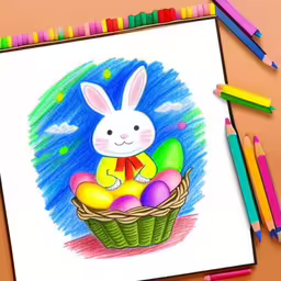 a white and gray drawing of an easter bunny,a drawing with colored pencils on it, and an easter egg in a basket