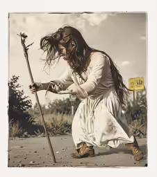 a young woman squatting down and holding a stick