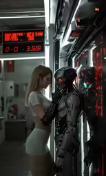 a woman in a tight dress standing next to an robot
