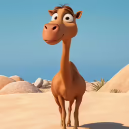 a cartoon giraffe looking to its left in the sand