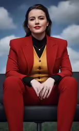 a woman in red suit sits on black chair