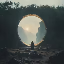 a woman standing inside of a circular rock formation