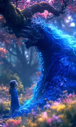 a woman stands next to a blue creature with its long arms out
