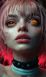 the blonde woman has bright yellow eyes