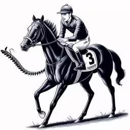 a drawing of a horse and jockey racing,a person on a horse with number 3 on the back