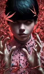 the woman is dressed up in a dress with pink leaves on her head